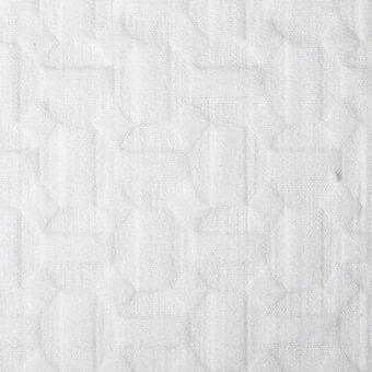 White geometric fabric sample with embossed interlocking squares, matte finish, fine woven texture, Bonaldo flora metalasse eb28 pattern.